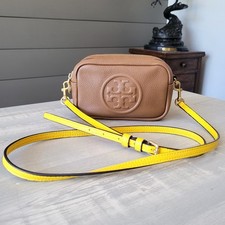 Tory Burch Perry Bombe MINI Double Zip Camera Crossbody Brown Pebbled Leather