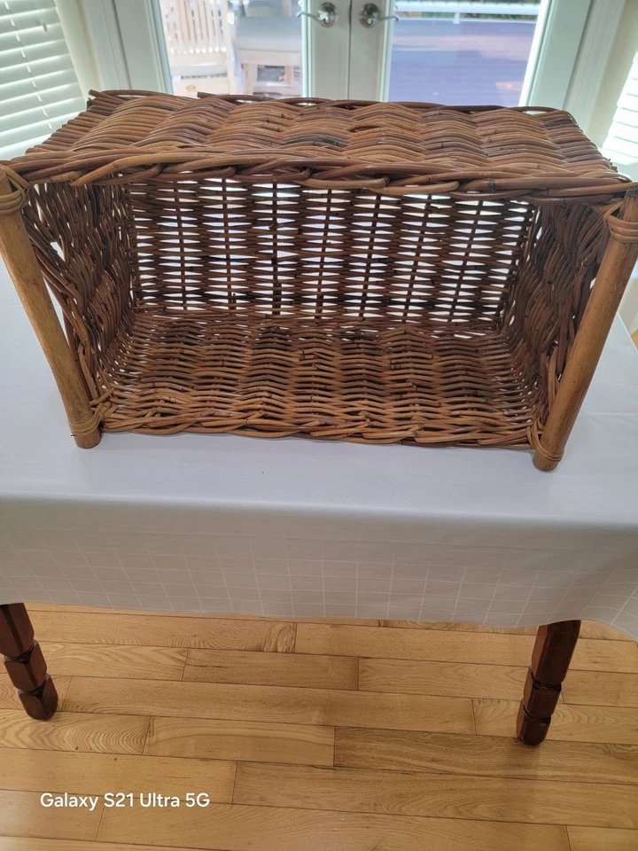 Large Basket Wood Handles Woven Rattan Wicker 15”x11”x8”  - Image 2 of 4