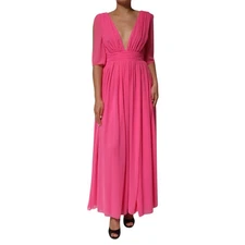 HANITA Couture Dress Pink Orchid Deep V-Neck Pleated Maxi Gown Women’s s. Tag S