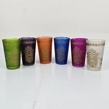 Moroccan Glass Tea Cups Multi Color Gold Motif Design Shot Glasses 4oz Set of 6