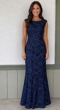 Xscape sz 14P Formal Long Blue Empire waist Lace with slight Flare at bottom