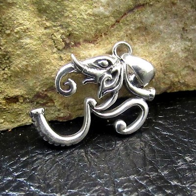 Massiver 925 Sterling Silber Om / Aum Ganesha Elefant Anhänger, Hindu Schmuck