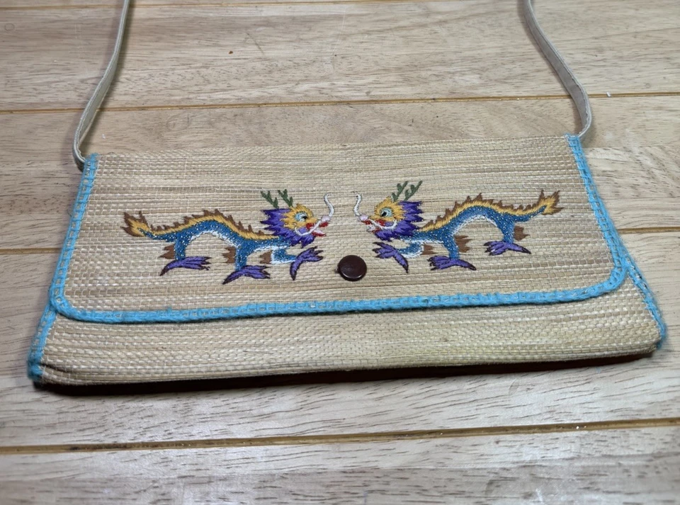 Embroidered Chinese Dragons Motif Straw Shoulder / Clutch Bag Floral Lined 26 cm - Image 2 of 4