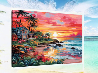 Canvas Picture wall art tropical beach wooden framed seaside landscape 12x16 