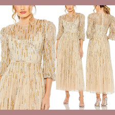NWT Mac Duggal 8 93889 Beaded High Neck Midi Dress in Taupe Gold S1037