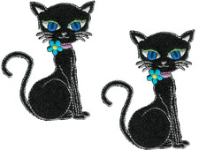 Pair Black Cat Iron-On Sew-On Embroidered Patches Blue Eyes Flower 3"