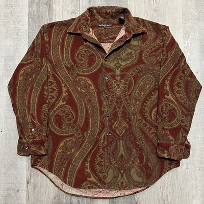 #ad VTG Northern Isles Red Paisley Corduroy 80s Men#x27;s Button Front Hippie Shirt XL $29.99