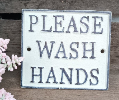  Kleine Eisenplatte mit Hinweis  Please wash hands - Clayre & Eef  11 x 10 cm  