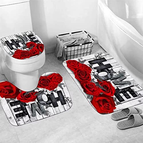 Red Rose 4 Pcs Shower Curtain Sets Non-Slip Rugs Bath Mat Rose Decoration 07 - Picture 5 of 8