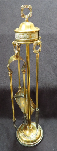 Juego de herramientas de chimenea de latón vintage con soporte de póker, pala de ceniza, pinza agarrador de troncos - Imagen 3 de 12