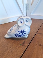 Vintage Ceramic White Owl w/Blue Floral Design Small 3"T Penny Bank With Stopper