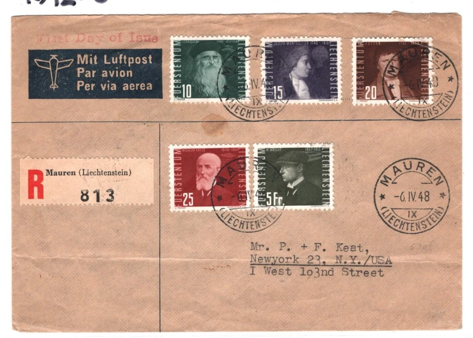 LIECHTENSTEIN 1948 FDC Air 5f *Wilbur Wright* HIGH VALUE Mauren Reg'd USA KA256 - Image 2 of 4