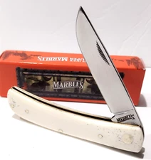 Marbles White Smooth Bone Handle Scales Sod Buster Folding Pocket Work Knife Jr