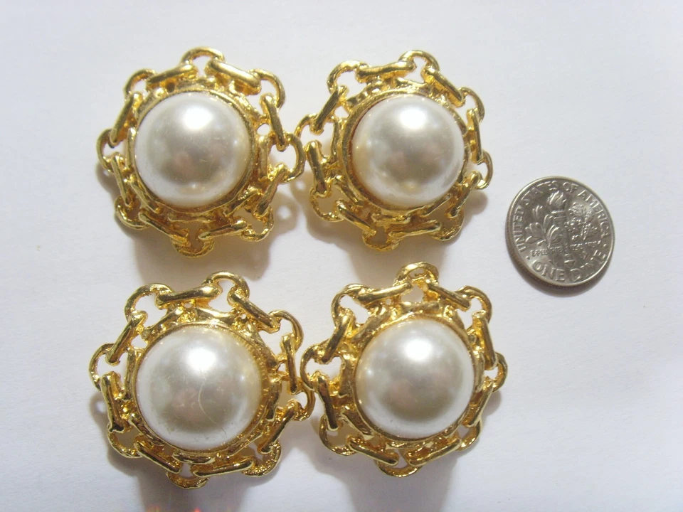 4 antique 30 mm matching gold tone metal faux pearl collector buttons 51910 - Image 2 of 4