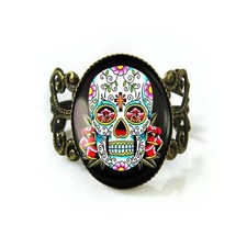 Day of the Dead Sugar Skull Antique Bronze Filigree Ring