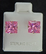 Pink Square Stud Earrings Sterling Silver Light Pink Cubic Zirconia One Pair New