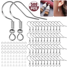 500Pcs 925 Silver DIY Earring Hooks Jewelry Beads Ear Wires Making Findings Kit