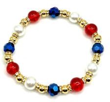 8.25" American Flag Patriotic Red, White, Blue Glass Beaded Stretch Bracelet USA
