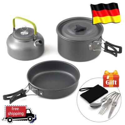 2-3 Person Camping Kochgeschirr Kochtopf Outdoor-Töpfe Bratpfanne Kettle Set DE