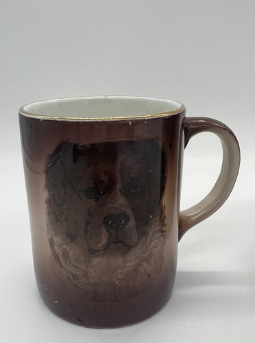Pair Of Dresden China Mugs Antique? Brown Fade Dog Portrait Face Gold Trim - Picture 2 of 10