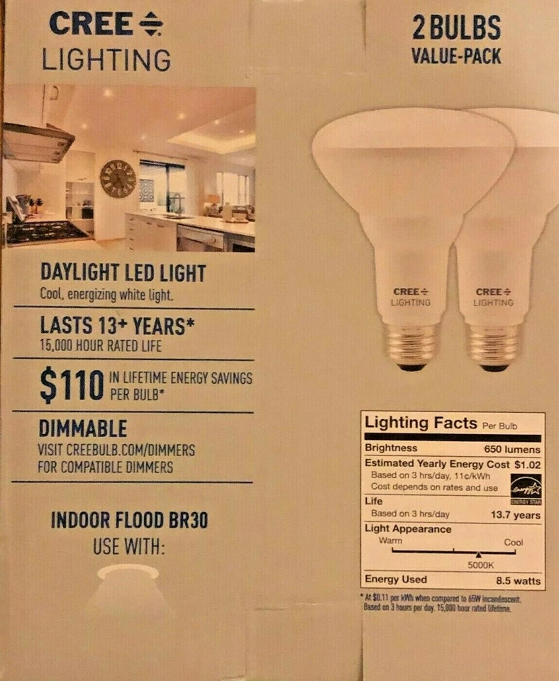 2 CREE LIGHT BULBS Indoor Flood LED BR30 65W 8.5 W Dimmable 5000k Daylight - Image 4 of 4