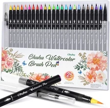 Ohuhu 24 Colors Watercolor Brush Pens W/A Watercolor Brush Pens, Drawing Marker