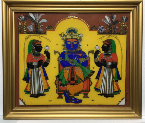 1994 KAVITA DEUSKA Krishna Hand Painted Reverse Glass Hyderabad India Pichwai - Picture 3 of 7