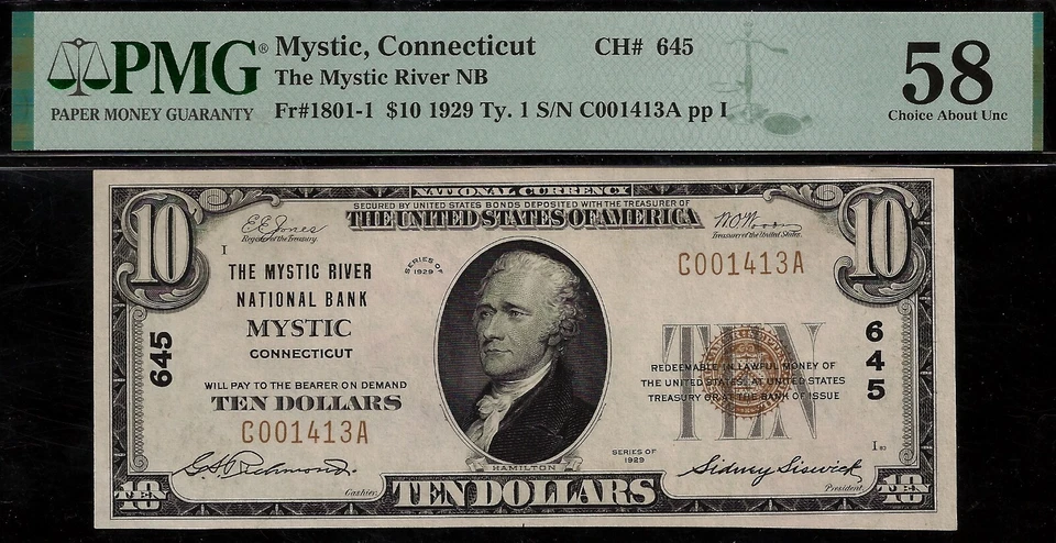 1929 $10 National Bank Mystic, Connecticut CH# 645 PMG 58 top pop 1/0 finest - Image 4 of 4