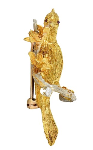 1960's Ruby Diamond 18 Karat Two-Tone Gold Vintage Bird on Branch Brooch - Picture 2 of 7