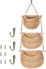 3 Tier Hanging Baskets for Organizing, Woven Jute Wall Fruit Basket, brown 