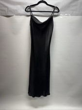 VTG BeBe Satin Slim Midi Slip Dress Black Sz S Cowl Neck Spaghetti Strap Y2K 90s