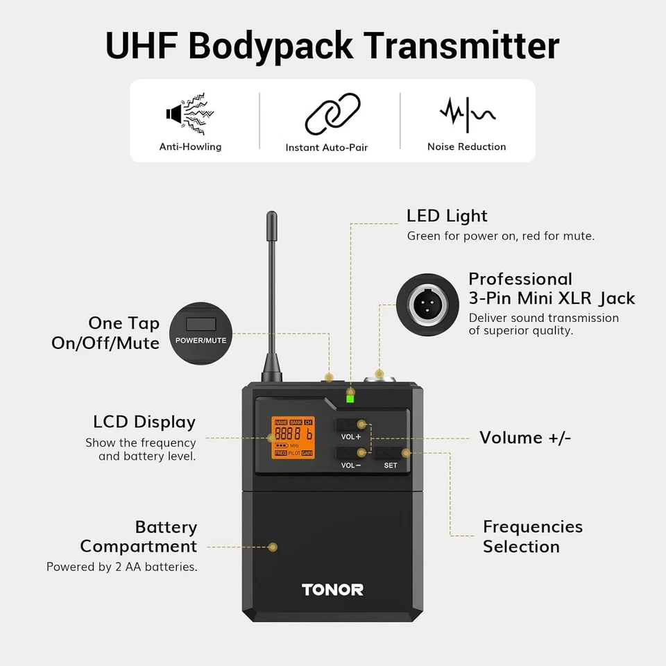 TONOR UHF Wireless Microphone System with Headset Mic/Lavalier Lapel Black  - Image 3 of 4