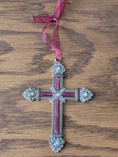 Vintage Solid Brass Enameled Bejeweled Cross