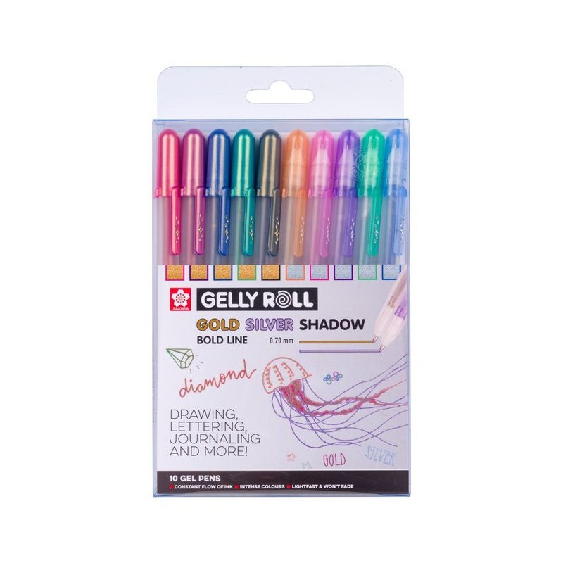 Gelly Roll Sakura 10 stylos roller encre gel métallisée or argent pointe moyenne 0,7mm