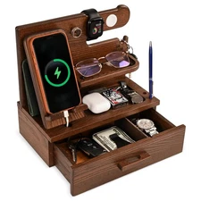 Wood Phone Docking Station with Drawer - Nightstand Organizer - Desk Organizer f