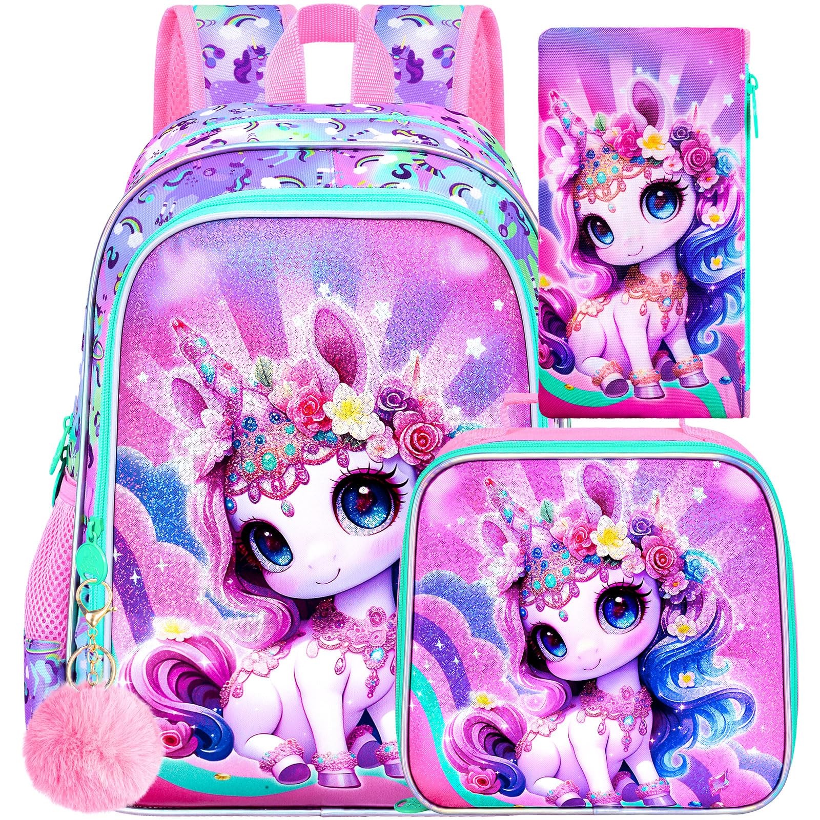 16" Unicorn Backpack for Girls, 3Pcs Kids School Backpacks w