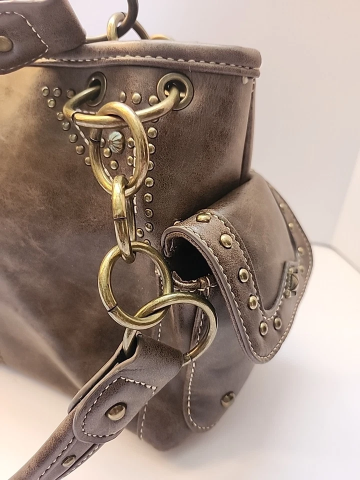 Montana West Purse Handbag  Metal Studded Brown Double Handle Heavy - Image 3 of 4