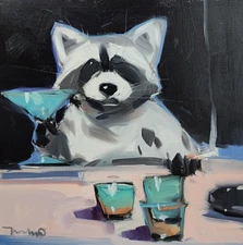 Jose Trujillo Fine Art PRINT 16x16" Collectible Artist Raccoon Drinks Bar