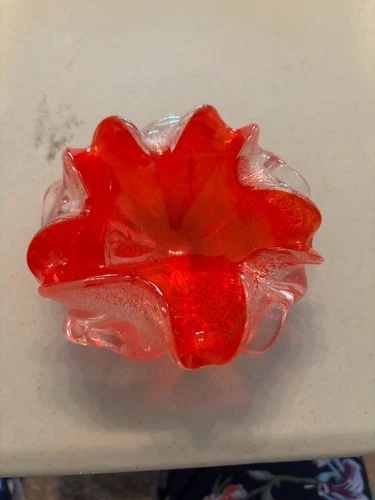 Murano Venice Art Glass Red with Silver Bowl Ashtray Vintage, 5" dia.