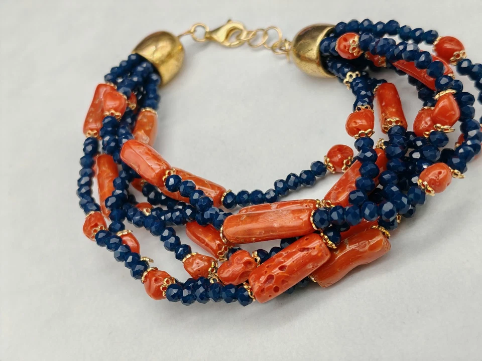 Bracciale donna corallo rosso di Sardegna vero agata blu zaffiro argento 925 - Immagine 4 di 4