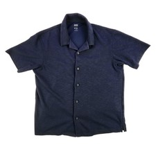 Uniqlo AIRism Shirt Mens Medium Blue Jersey Short Sleeve Button Up Cool Dry
