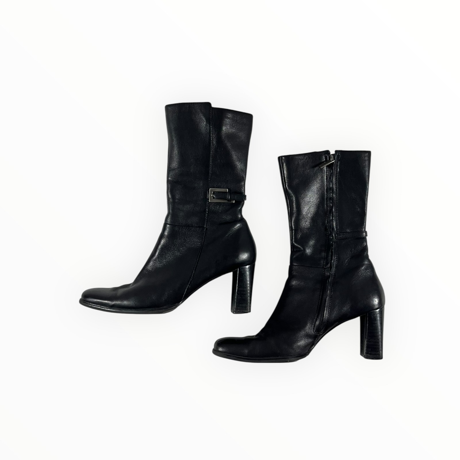 Womens Black Leather Ankle Boots Side Zip Buckle Block Heel Square Toe 7.5M