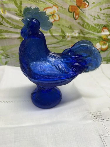 Cobalt Blue Glass Depression Style Rooster Chicken Candy Dish