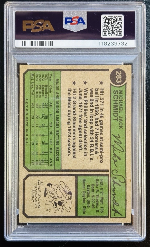 Tarjeta de segundo año Topps 1974 firmada por Mike Schmidt Phillies #283 PSA 4 AUTO 7 Foto 2 de 2