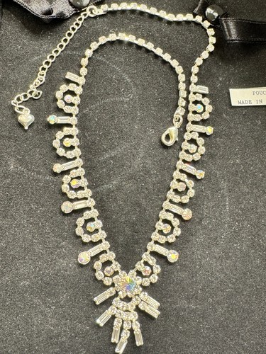 Rhinestone Necklace 16" choker  pierced drop earrings Silver Tone Sparkles case - 第 6/10 張圖片