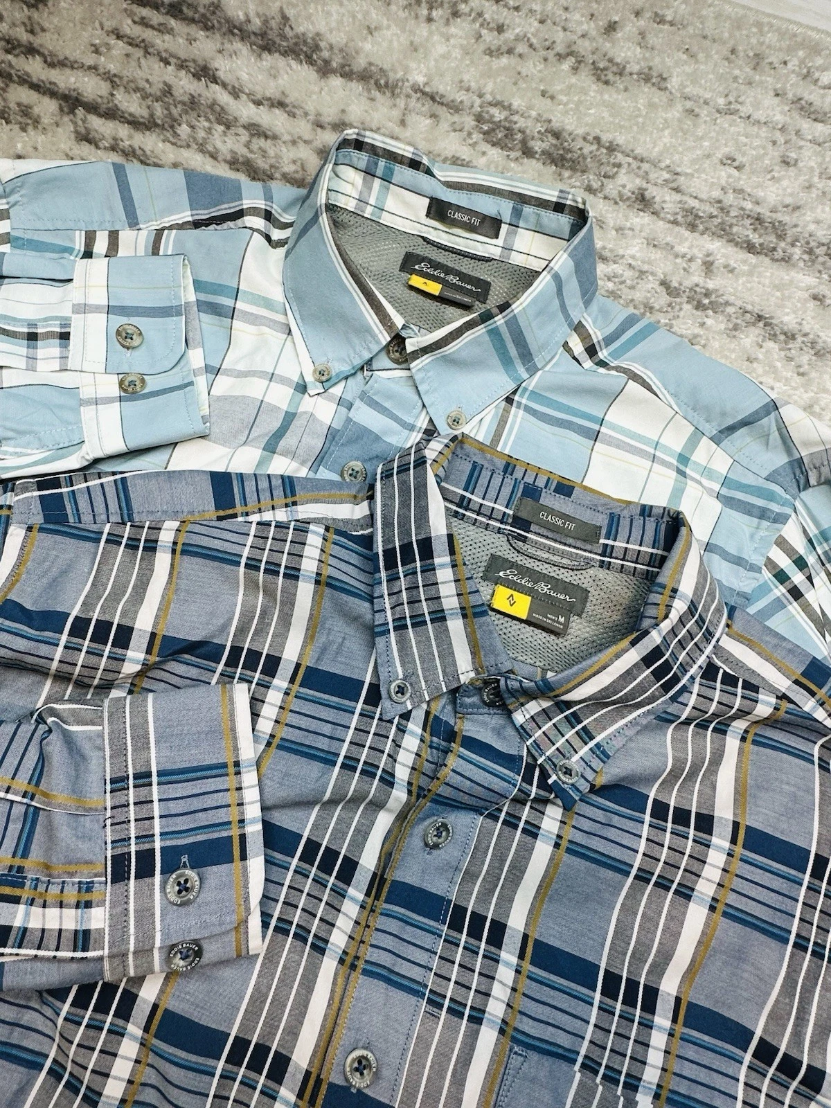 Eddie Bauer Travex Hiking Shirt Mens Medium Lot 2 Blue Plaid Stretch Outdoor
