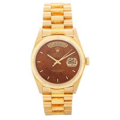 Rolex  Burlwood Dial President Day Date 18078 36mm Bark Finish 18k Yellow Gold