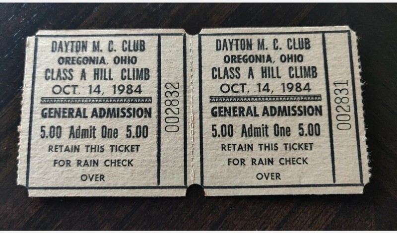Oct. 14, 1984 - Dayton M.C. Club Oregonia, Ohio Class A Hill Climb Ticket Stubs!