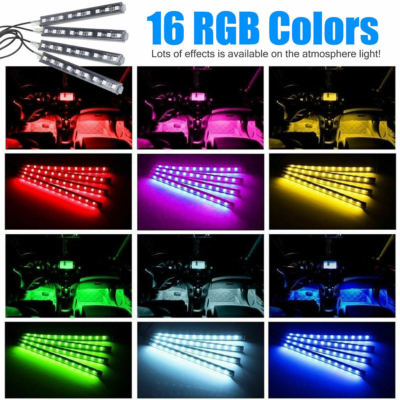 Kit Lumière LED Néon Intérieur Voiture 16 Couleurs RGB - Marque SHENKENUO, 4 Bandes, Télécommande
