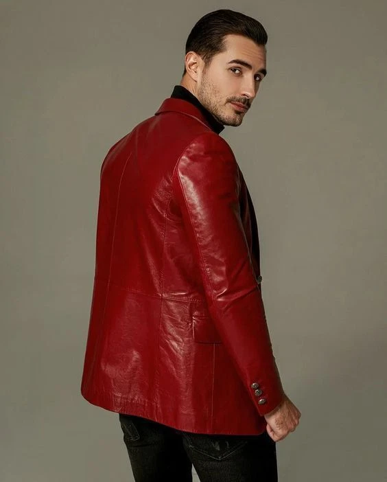 Real Lambskin Genuine Leather Stylish Business Formal Red Handmade Men Blazer - Image 4 of 4